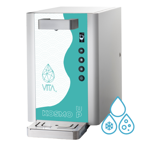 Frigogasatore soprabanco Kosmo UP con osmosi inversa, erogazione diretta dal macchinario e dosaggi automatici per acqua fredda e frizzante