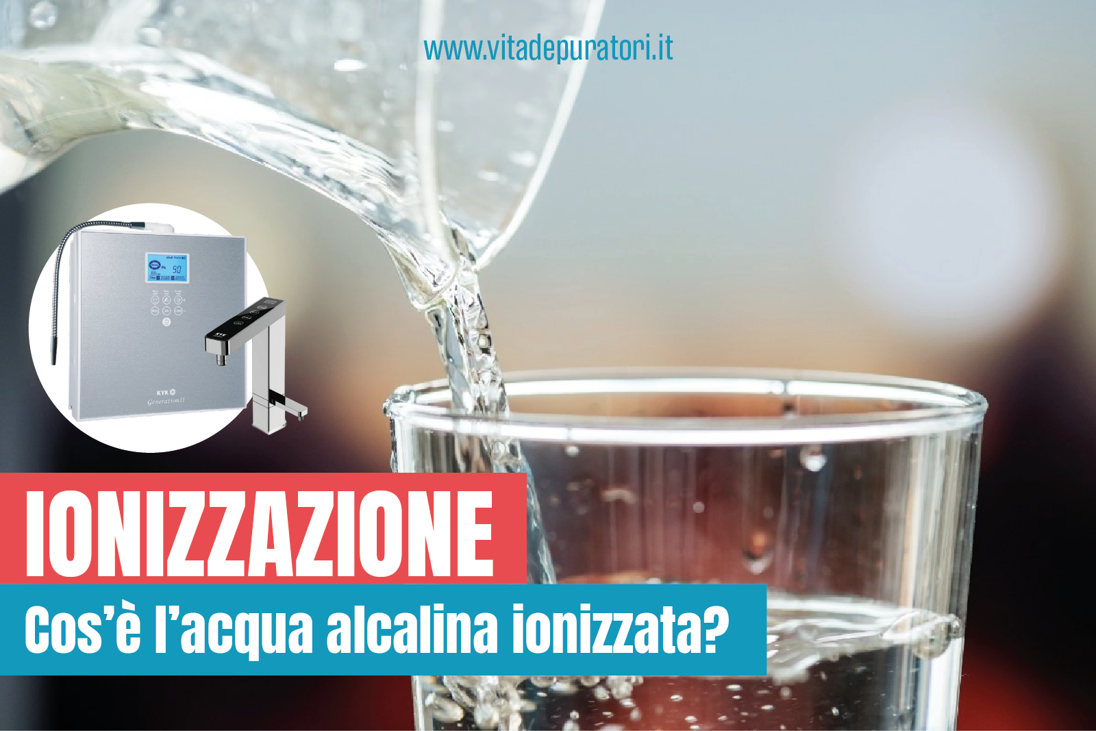 Ionizzatore d’acqua KYK con rubinetto elettronico e acqua versata in un bicchiere trasparente; grafica con testo “Ionizzazione – Cos’è l’acqua alcalina ionizzata?”