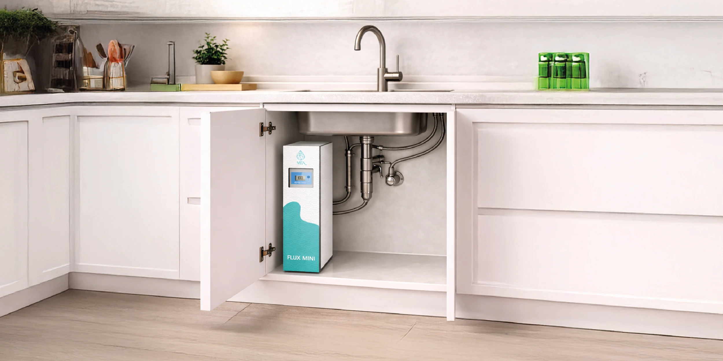 Depuratore ultrafiltrazione sottozoccolo Flux Mini installato in cucina