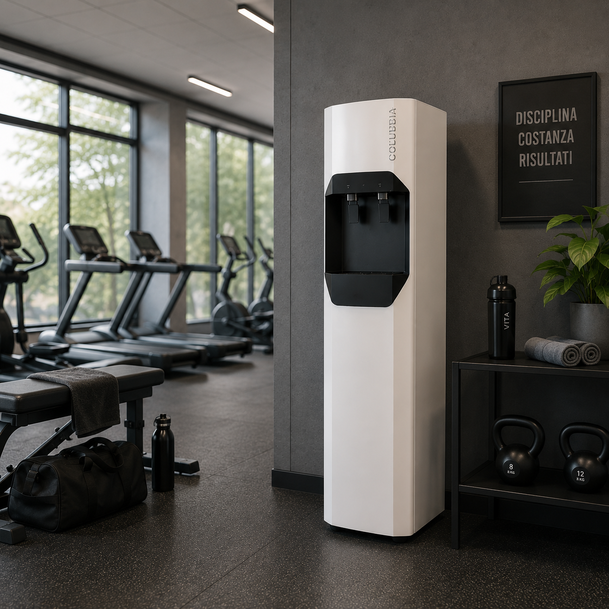 Colonnina acqua professionale per palestra moderna e centro fitness con area allenamento